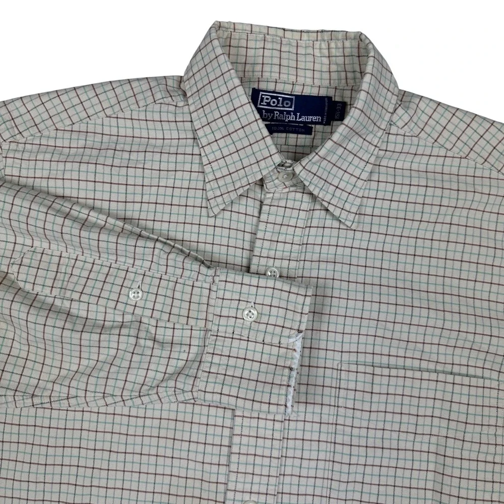 Polo Ralph Lauren Tattersall Check Button Down Shirt Mens 15.5 Cream Brown Blue